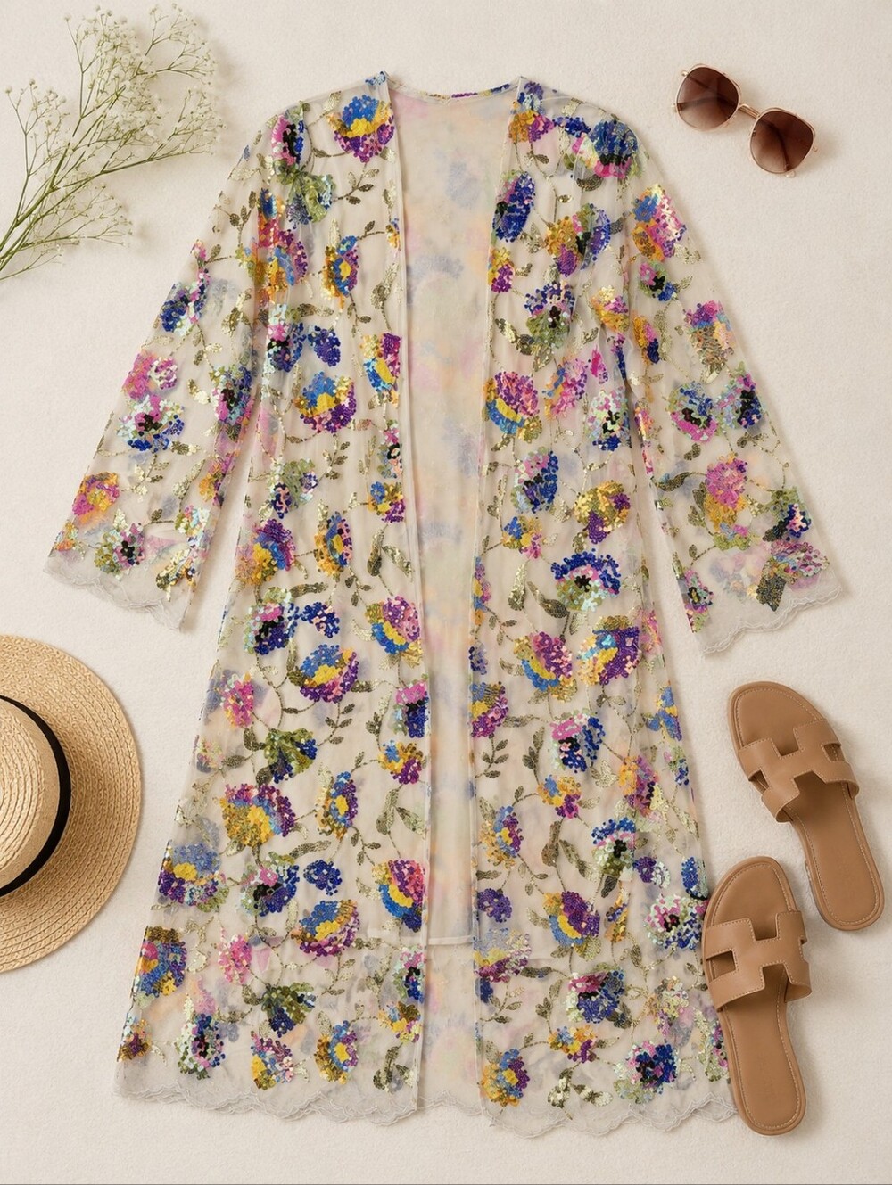 Vibrant NWOT Sequined Floral Sheer Lined Colorful FairyDuster/kimono. S/M0